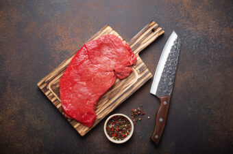 Raw,Uncooked,Top,Round,Beef,Steak,On,Wooden,Cutting,Board