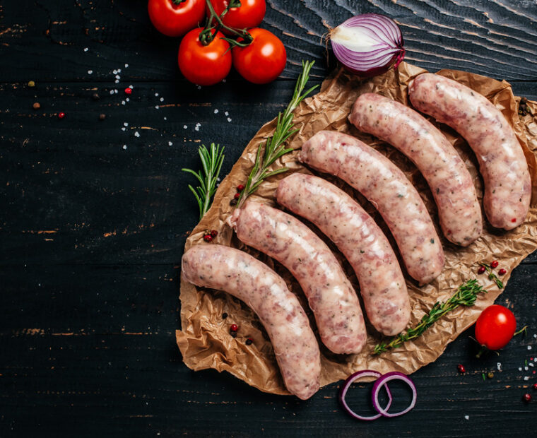 Raw,Sausages,With,Spices,And,Rosemary,On,Cutting,Board.,Cooking