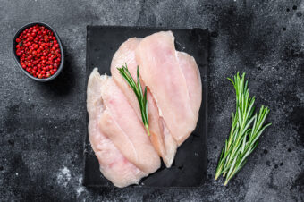 Raw,Sliced,Chicken,Breast,Fillet,Steaks,On,A,Marble,Board.