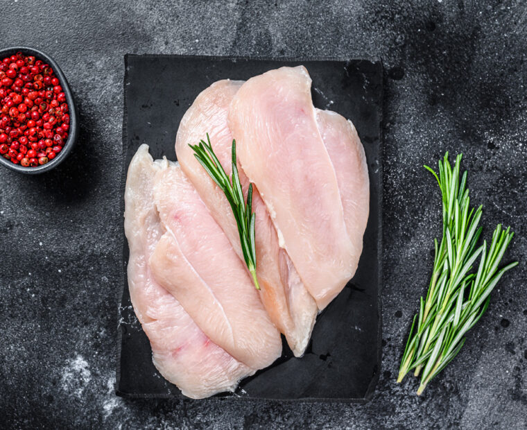 Raw,Sliced,Chicken,Breast,Fillet,Steaks,On,A,Marble,Board.